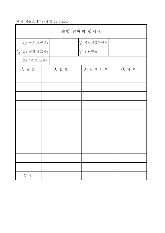 월별 판매액 합계표 [조세특례제한법 시행규칙 서식65]