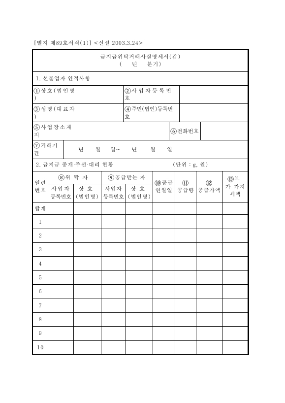 금지금위탁거래사실명세서(갑) [조세특례제한법 시행규칙 서식89]