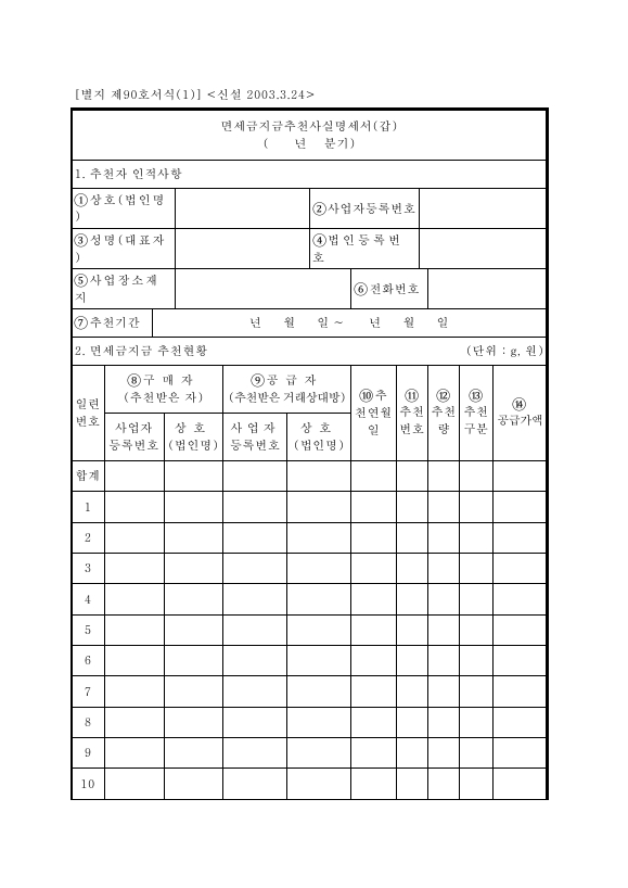 면세금지금추천사실명세서(갑) [조세특례제한법 시행규칙 서식90]