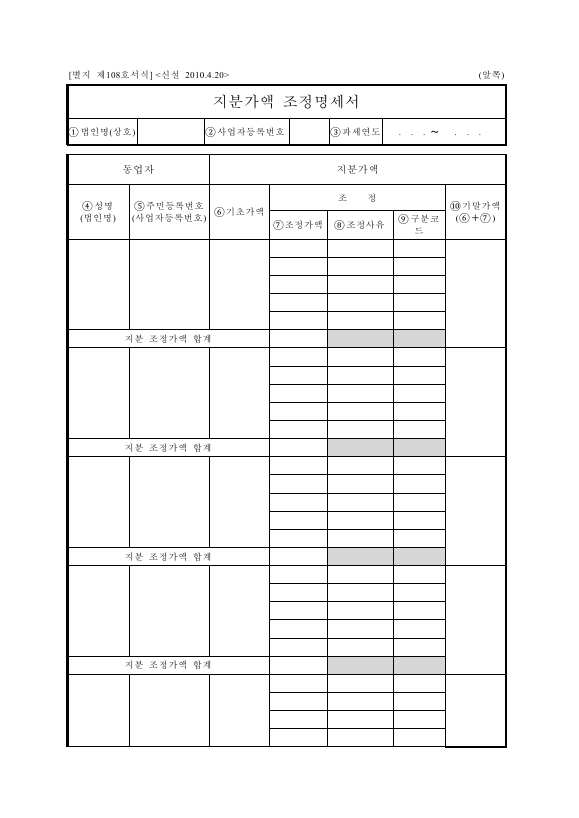 지분가액 조정명세서 [조세특례제한법 시행규칙 서식108]