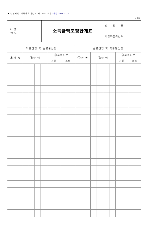 소득금액조정합계표, 과목별 소득금액조정명세서 [법인세법 시행규칙 서식15]