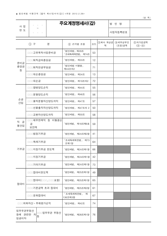 주요계정명세서(갑), 주요계정명세서(을) [법인세법 시행규칙 서식47]