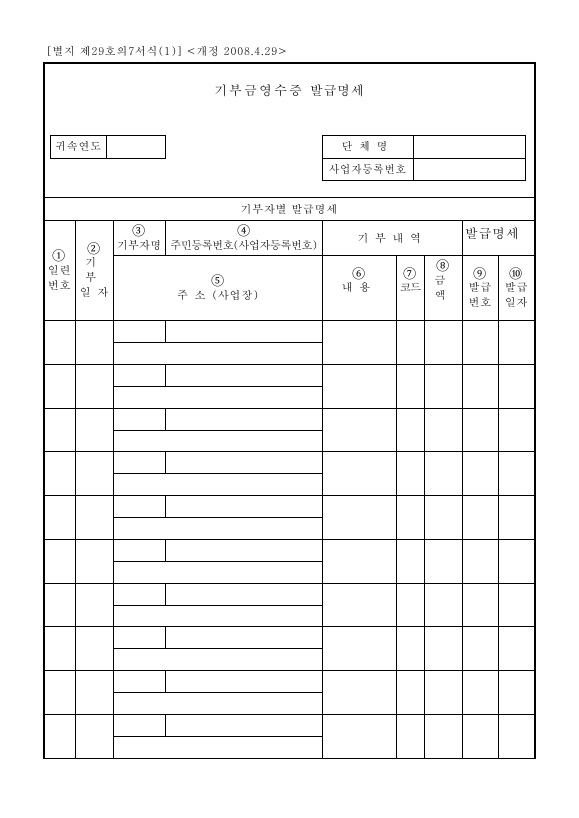 기부금영수증 발급명세, 기부금 영수증 발급명세서 [소득세법 시행규칙 서식29의7]