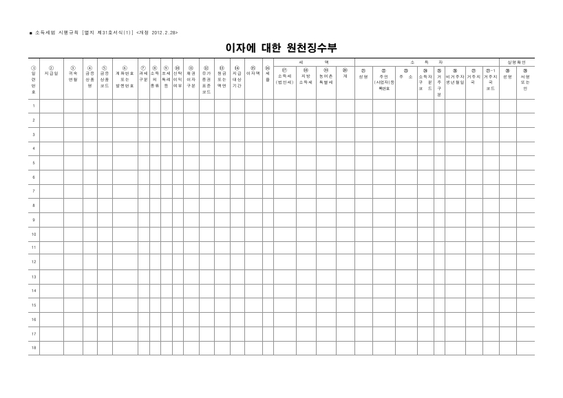 이자에 대한 원천징수부, 배당에 대한 원천징수부 [소득세법 시행규칙 서식31]