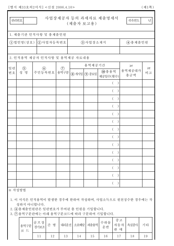 사업장제공자등의과세자료제출명세서[제출자보고용] [소득세법 시행규칙 서식33의2]