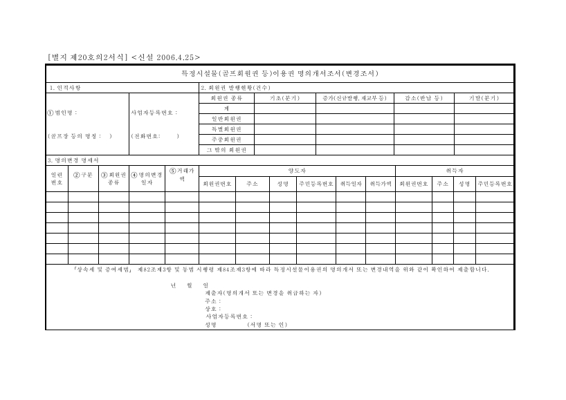 특정시설물[골프회원권등]이용권명의개서조서[변경조서] [상속세 및 증여세법 시행규칙 서식20의2]