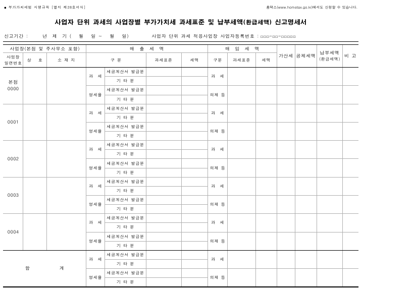 사업자 단위 과세의 사업장별 부가가치세 과세표준 및 납부세액(환급세액) 신고명세서 [부가가치세법 시행규칙 서식28]