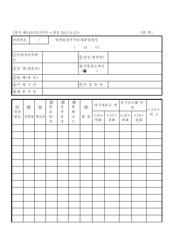 영세율첨부서류제출명세서 [(구)부가가치세법 시행규칙 서식18의3]