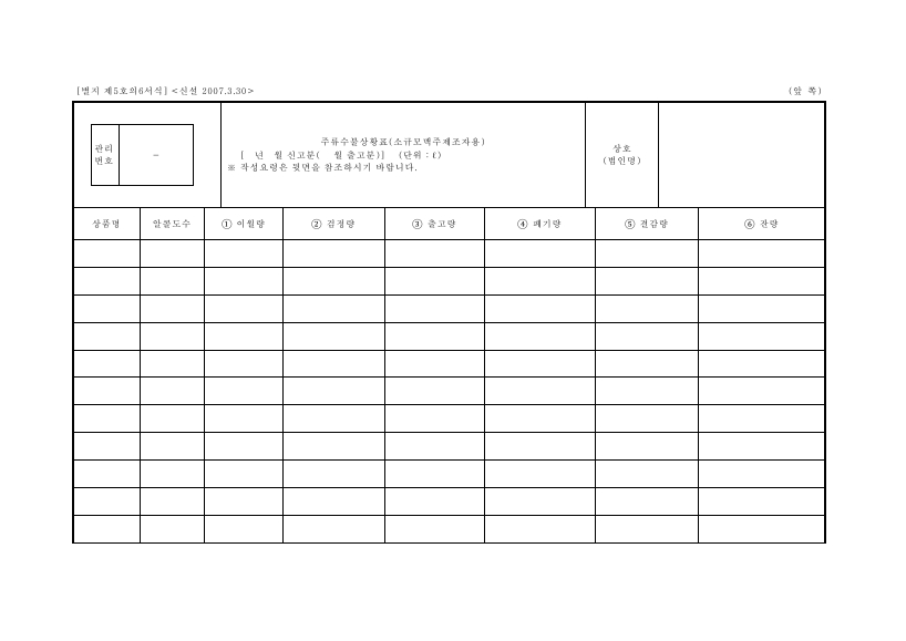 주류수불상황표[소규모맥주제조자용] [주세법 시행규칙 서식5의6]