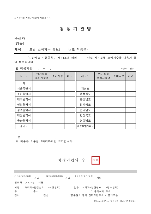 도별 소비지수 통보 [지방세법 시행규칙 서식35]