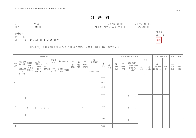 법인세 환급 내용 통보 [지방세법 시행규칙 서식47]