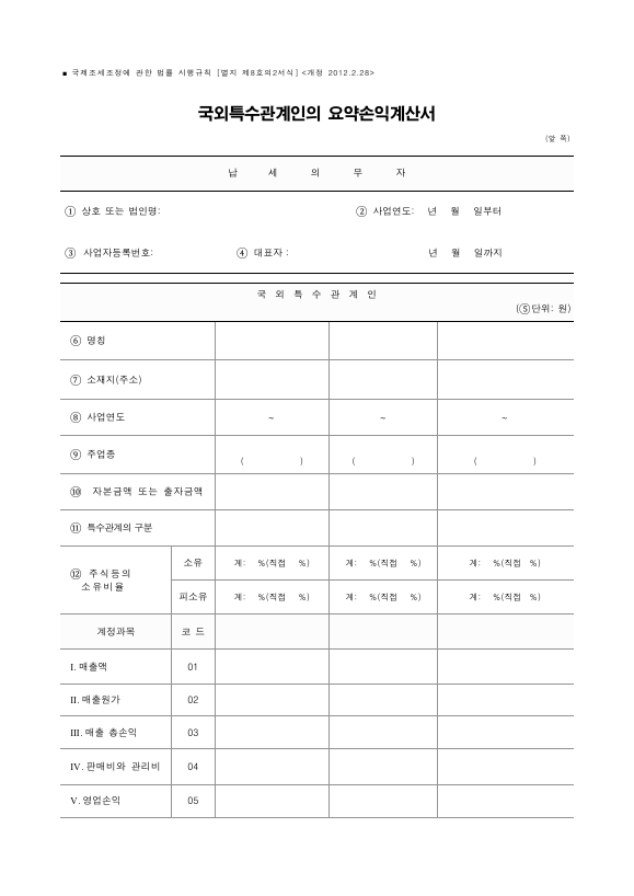 국외특수관계인의 요약손익계산서 [국제조세조정에 관한 법률 시행규칙 서식8의2]