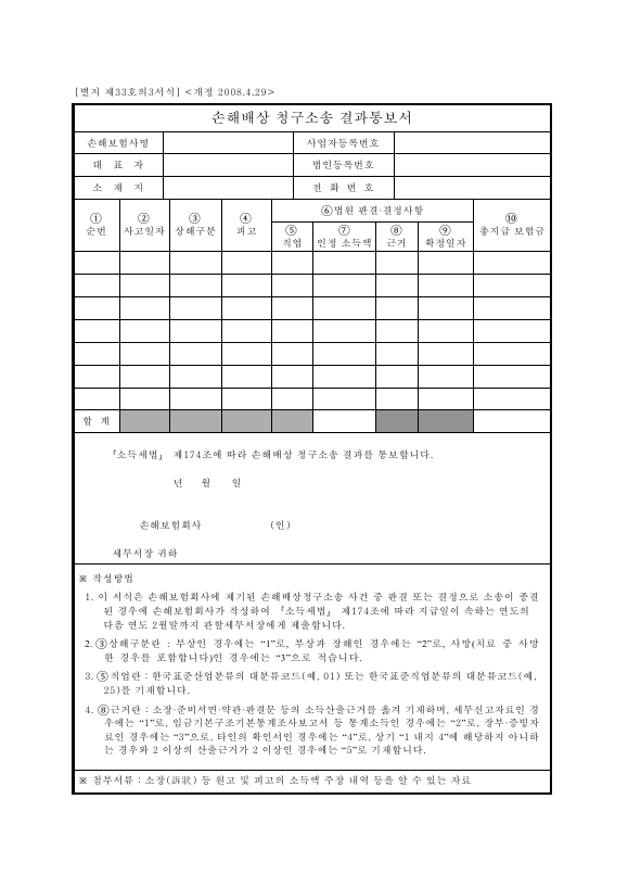 손해배상청구소송결과통보서 [소득세법 시행규칙 서식33의3]