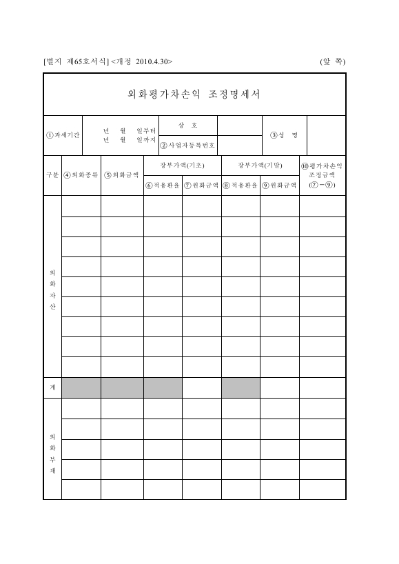 외화평가차손익 조정명세서 [소득세법 시행규칙 서식65]