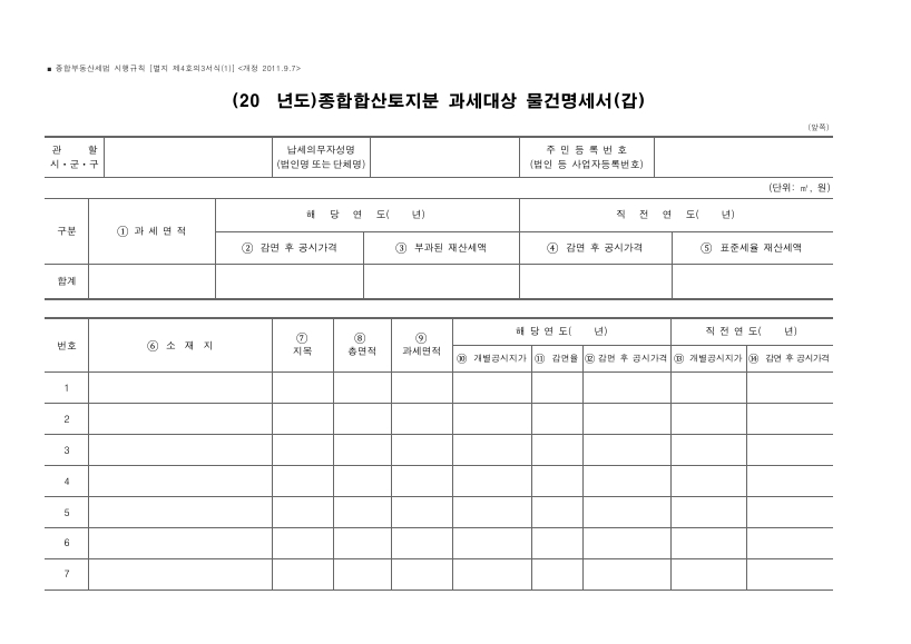 종합합산토지분 과세대상 물건명세서(갑) [종합부동산세법 시행규칙 서식4의3]