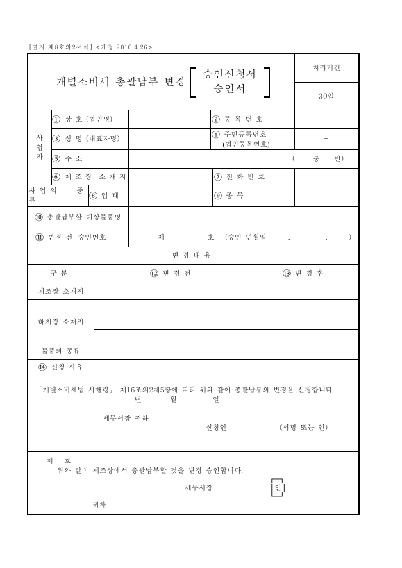 개별소비세 총괄납부 변경 승인신청서 [개별소비세법 시행규칙 서식8의2]