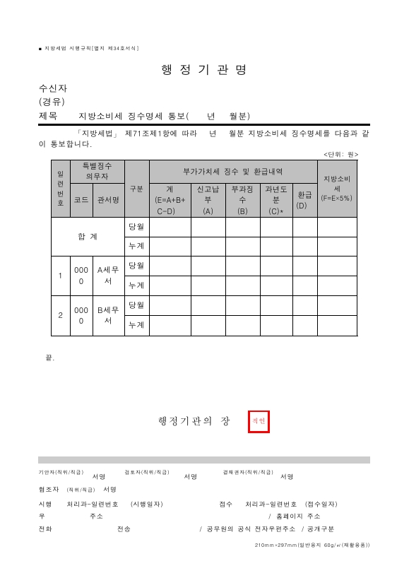 지방소비세 징수명세 통보 [지방세법 시행규칙 서식34]