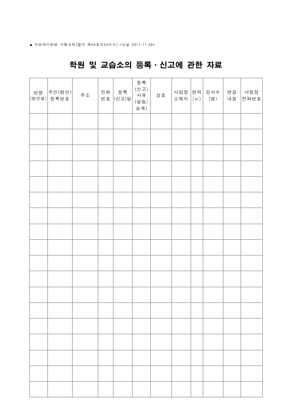 학원 및 교습소의 등록·신고에 관한 자료 [지방세기본법 시행규칙 서식95의22]