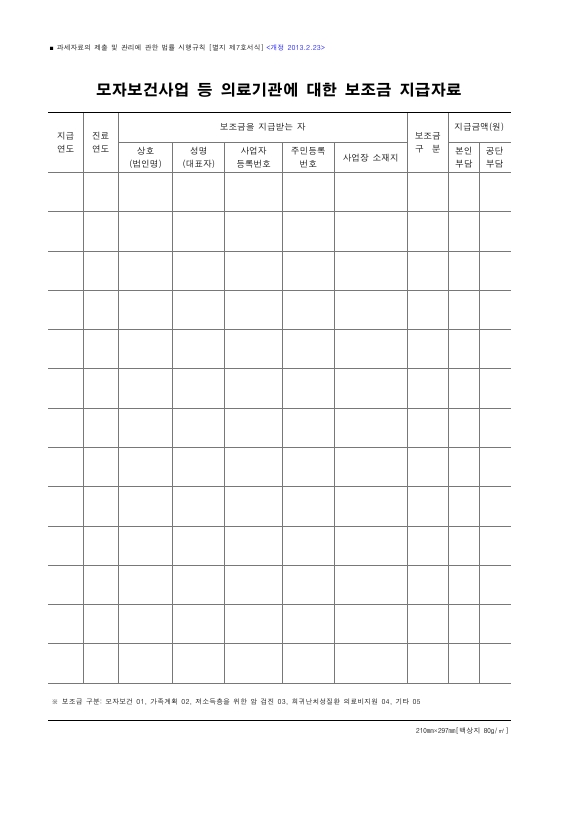 모자보건사업 등 의료기관에 대한 보조금 지급자료 [과세자료의 제출 및 관리에 관한 법률 시행규칙 서식7]