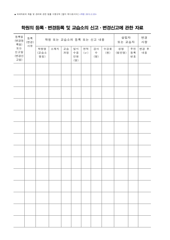 학원의 등록ㆍ변경등록 및 교습소의 신고ㆍ변경신고에 관한 자료 [과세자료의 제출 및 관리에 관한 법률 시행규칙 서식13]