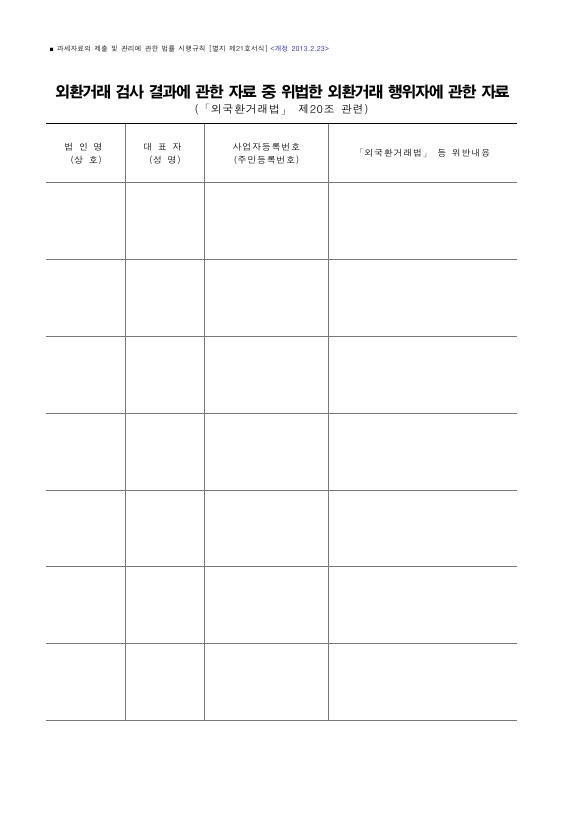 외환거래 검사 결과에 관한 자료 중 위법한 외환거래 행위자에 관한 자료 [과세자료의 제출 및 관리에 관한 법률 시행규칙 서식21]