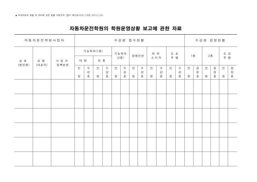 자동차운전학원의 학원운영상황 보고에 관한 자료 [과세자료의 제출 및 관리에 관한 법률 시행규칙 서식23]