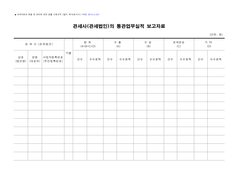 관세사(관세법인)의 통관업무실적 보고자료 [과세자료의 제출 및 관리에 관한 법률 시행규칙 서식76]