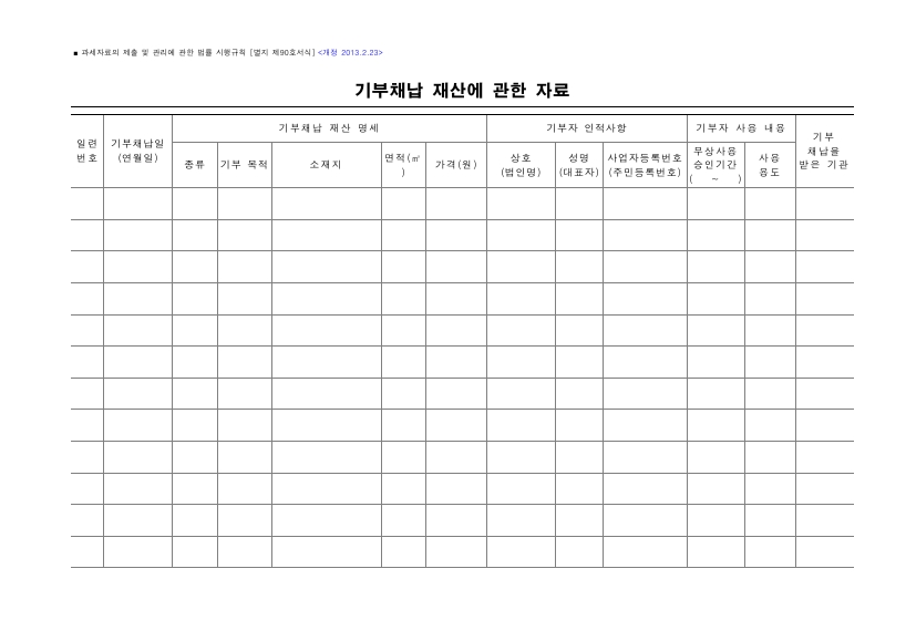 기부채납 재산에 관한 자료 [과세자료의 제출 및 관리에 관한 법률 시행규칙 서식90]