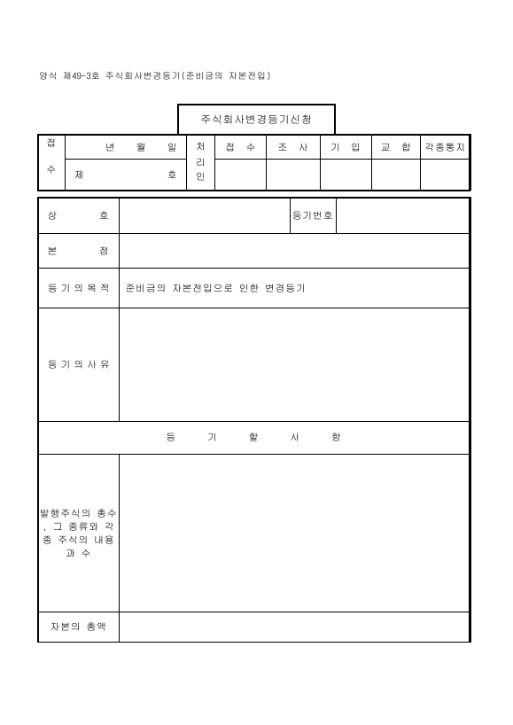 주식회사변경등기(준비금의자본전입)