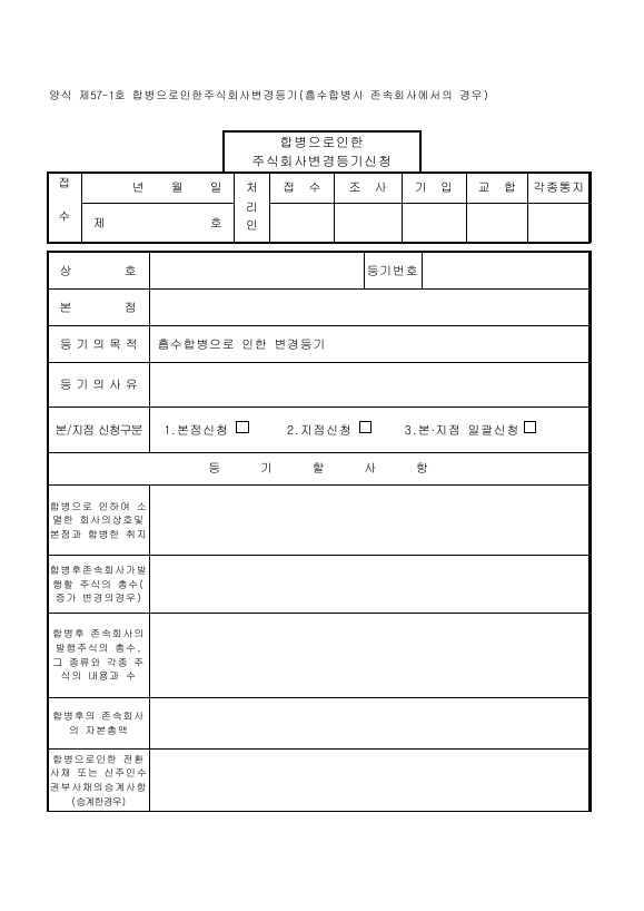 합병으로 인한 주식회사 변경 등기 (흡수 합병 시 존속 회사에서의 경우)