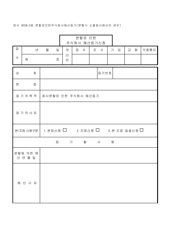 분할로 인한 주식회사 해산 등기 (분할 시 소멸 회사에서의 경우)