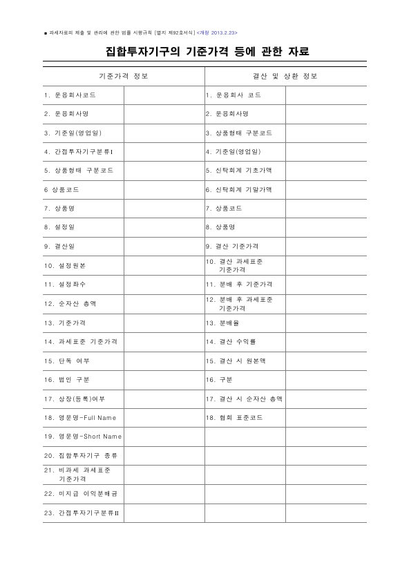 집합투자기구의 기준가격 등에 관한 자료 [과세자료의 제출 및 관리에 관한 법률 시행규칙 서식92]