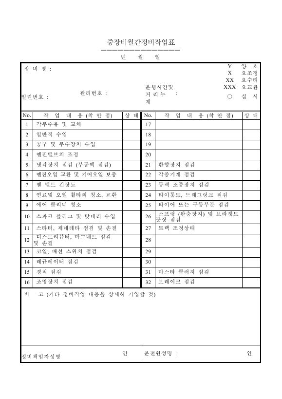 중장비월간정비작업표