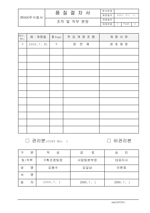 조직 및 직무 분장 절차서
